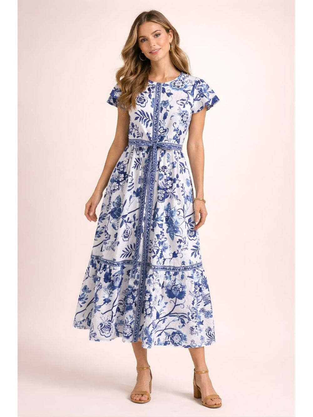 Avani Del Amour blue white garden delight cotton midi dress sz medium new $135